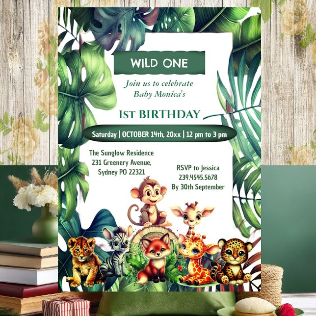 Invitación Salvaje Safari Selva Tropical Sale Cumpleaños (Wild One Birthday Jungle Safari Tropical Leaves Invitation)