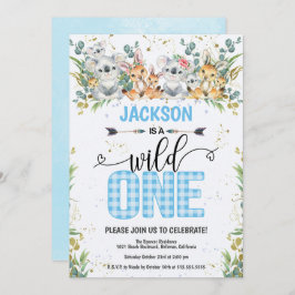 Invitación Salvaje Un Azul Gingham Safari Primer Cumpleaños