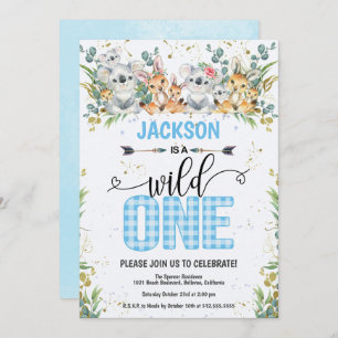 Invitación Salvaje Un Azul Gingham Safari Primer Cumpleaños