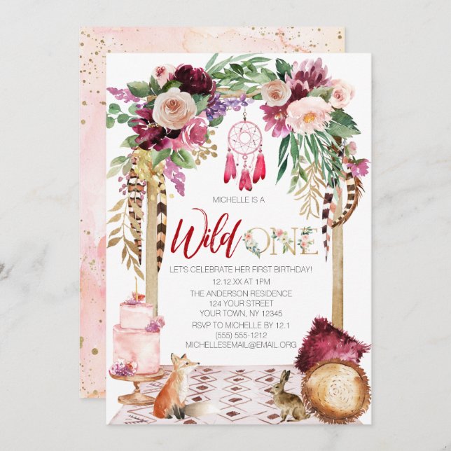 Invitación Salvaje Un Boho Dorado Rosado Dream Catcher Cumple (Anverso / Reverso)