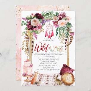 Invitación Salvaje Un Boho Dorado Rosado Dream Catcher Cumple