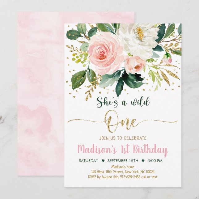 Invitación Salvaje Un Boho Floral Oro Rosado Cumpleaños (Anverso / Reverso)