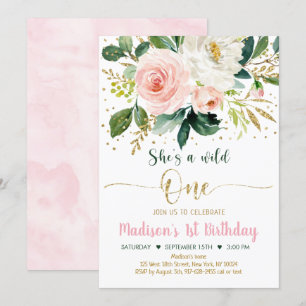 Invitación Salvaje Un Boho Floral Oro Rosado Cumpleaños