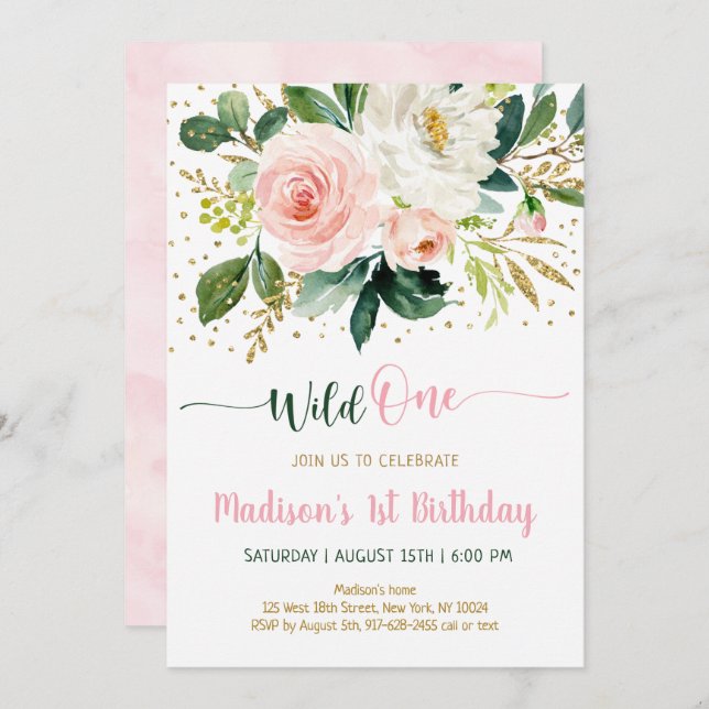 Invitación Salvaje Un Boho Floral Oro Rosado Cumpleaños (Anverso / Reverso)
