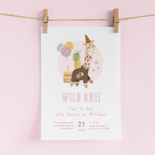 Invitación Salvaje Un Boho Giraffe Chica Primer Cumpleaños
