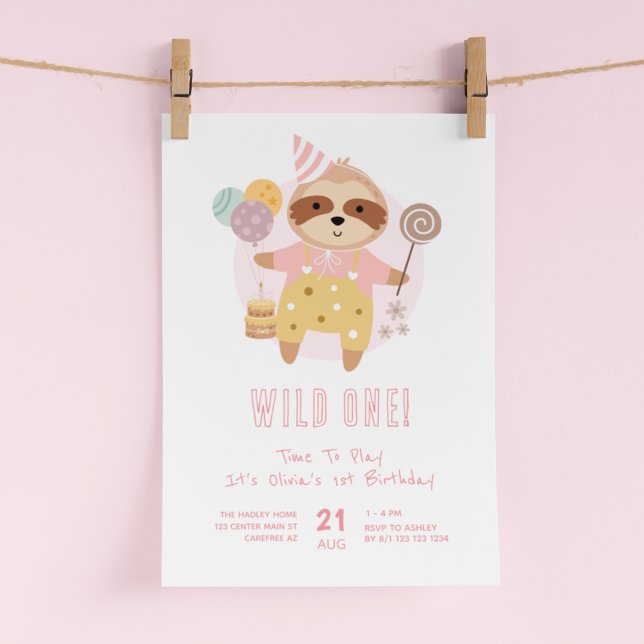 Invitación Salvaje Un Boho Sloth Pink Primer cumpleaños (Subido por el creador)