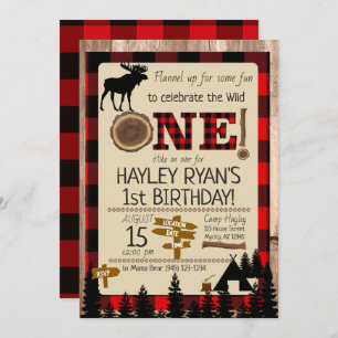 Invitación Salvaje Un Búfalo Cheque Flannel Moose Primer Cump