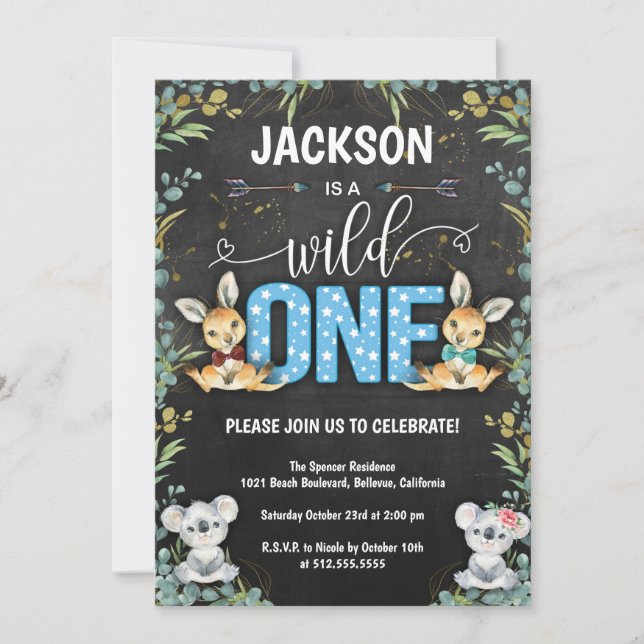 Invitación Salvaje un canguro y Koala primer cumpleaños (Anverso)