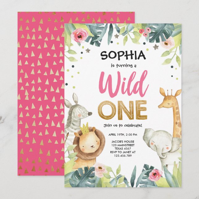 Invitación Salvaje Un Chica de oro Safari Animales rosados Cu (Anverso / Reverso)