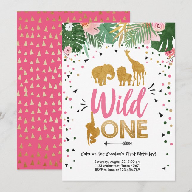 Invitación Salvaje Un Chica de oro Safari Animales rosados Cu (Anverso / Reverso)