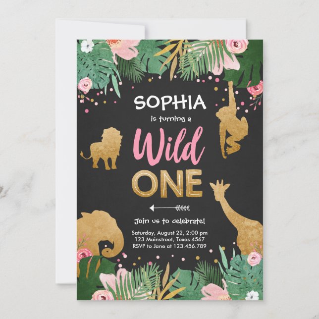 Invitación Salvaje Un Chica de oro Safari Animales rosados Cu (Anverso)