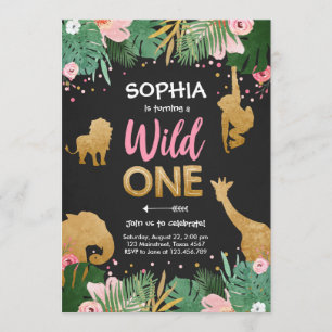 Invitación Salvaje Un Chica de oro Safari Animales rosados Cu