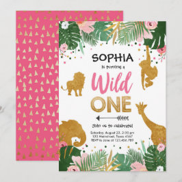 Invitación Salvaje Un Chica de oro Safari Animales rosados Cu