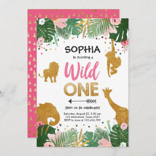 Invitación Salvaje Un Chica de oro Safari Animales rosados Cu