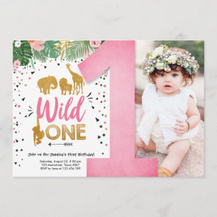 Invitación Salvaje Un Chica de oro Safari Animales rosados Cu