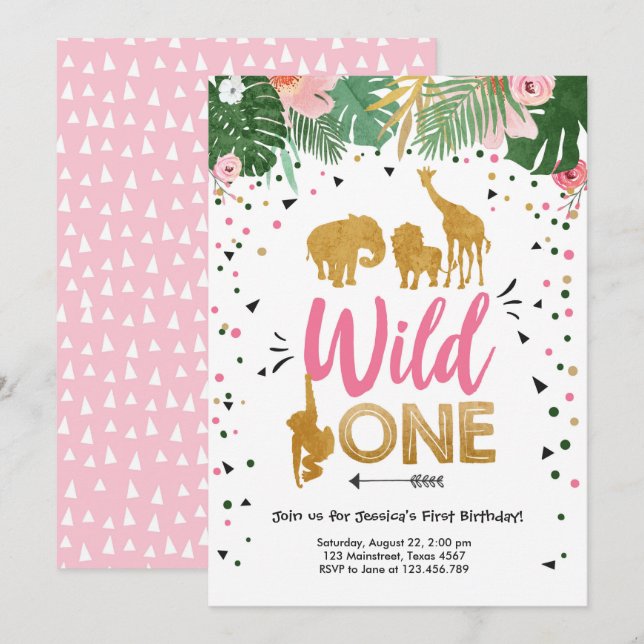 Invitación Salvaje Un Chica de oro Safari Animales rosados Cu (Anverso / Reverso)
