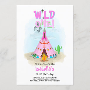 Invitación Salvaje Un Chica Tribal Rosa de Tepee Cumpleaños