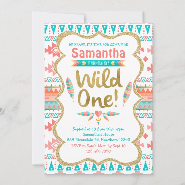 Invitación Salvaje un cumpleaños, chica primer cumpleaños, tr (Anverso)