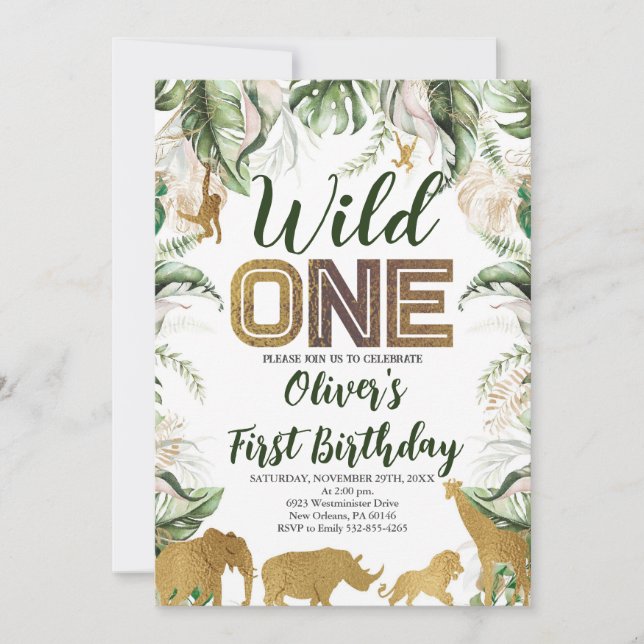 Invitación Salvaje un cumpleaños, Safari, jungla WILD, un ani (Anverso)