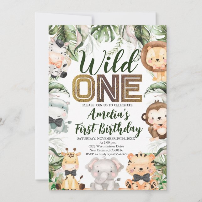 Invitación Salvaje un cumpleaños, Safari, jungla WILD, un ani (Anverso)