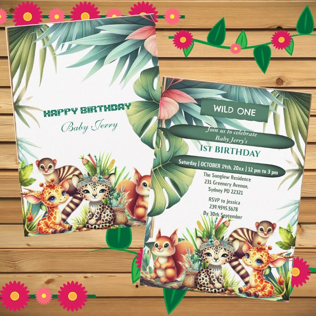 Invitación Salvaje Un Cumpleaños Selva Safari Verdor Tropical (Wild One Birthday Jungle Safari Tropical Greenery Invitation)