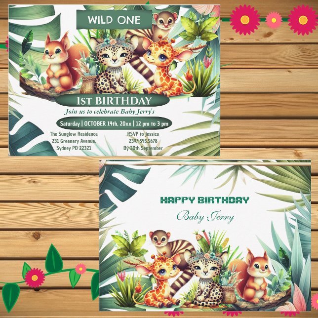Invitación Salvaje Un Cumpleaños Selva Safari Verdor Tropical (Wild One Birthday Jungle Safari Tropical Greenery Invitation)
