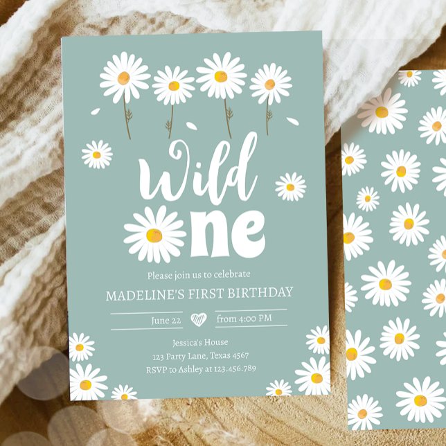 Invitación Salvaje Un Daisy Boho Dusty Blue Chica Primer cump (Subido por el creador)