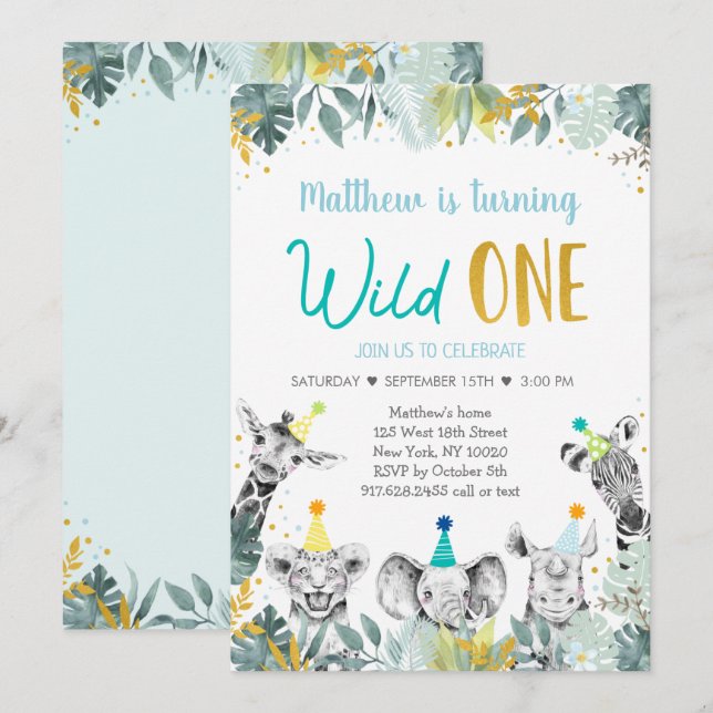 Invitación Salvaje Un Fiesta de Oro Azul Cumpleaños Animal (Anverso / Reverso)