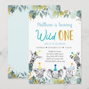 Invitación Salvaje Un Fiesta de Oro Azul Cumpleaños Animal