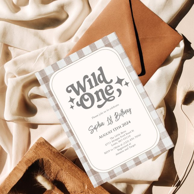 Invitación Salvaje Un Neutral Gingham Primer Cumpleaños (Subido por el creador)