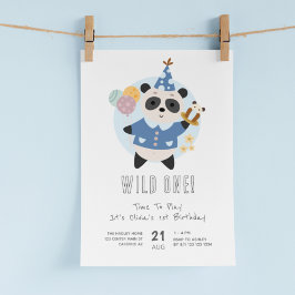 Invitación Salvaje Un Panda Oso Azul Primer Cumpleaños
