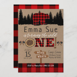 Invitación Salvaje Un Primer Cumpleaños Flannel Pequeño Oso C