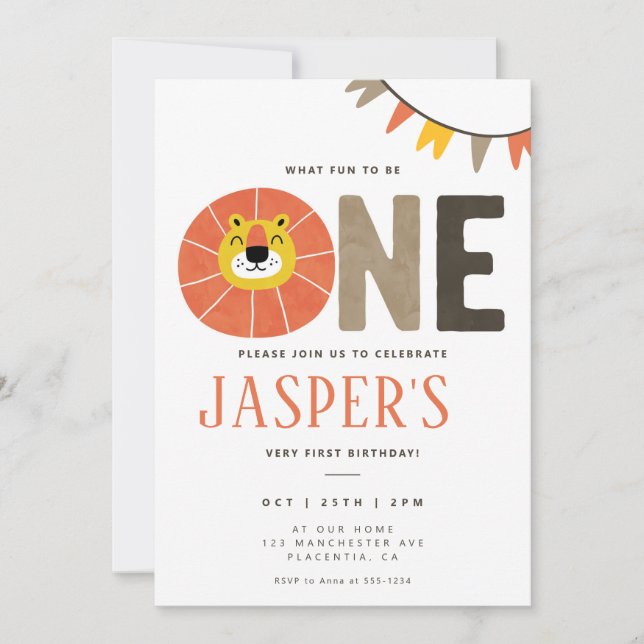 Invitación Salvaje Un Primer Cumpleaños León Safari (Anverso)