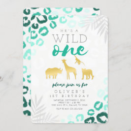 Invitación Salvaje Un Safari Azul y Oro Primer Cumpleaños