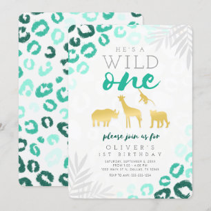 Invitación Salvaje Un Safari Azul y Oro Primer Cumpleaños