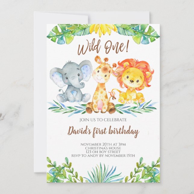 Invitación Salvaje un Safari de la Selva Niño Primer Cumpleañ (Anverso)