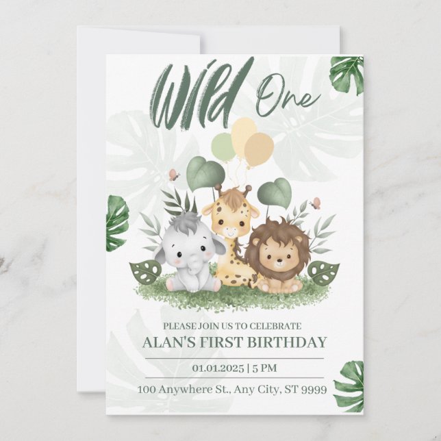 Invitación Salvaje Un Safari de la Selva Niño Primer cumpleañ (Anverso)