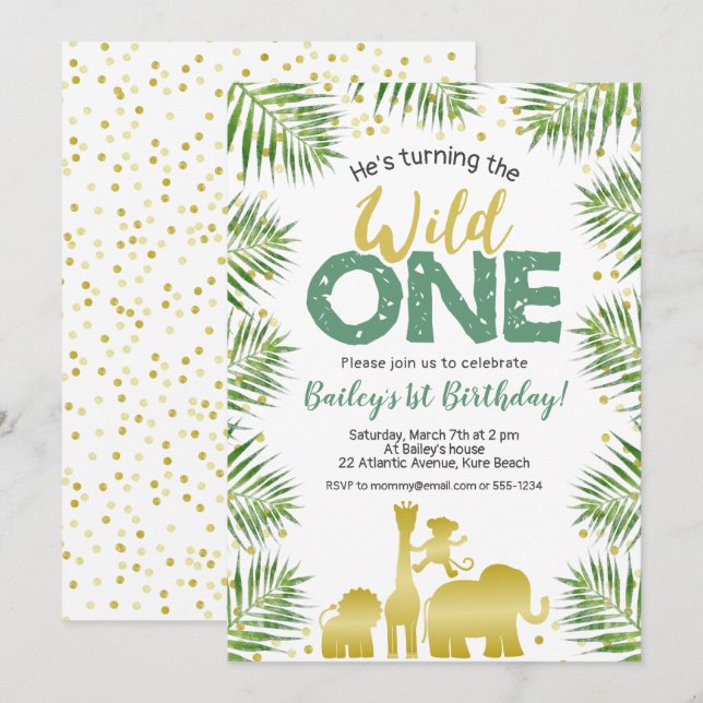Invitación Salvaje Un Safari de Oro Verde Animales 1er cumple (Anverso / Reverso)