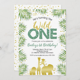 Invitación Salvaje Un Safari de Oro Verde Animales 1er cumple