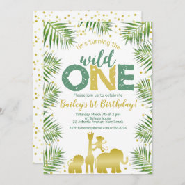 Invitación Salvaje Un Safari de Oro Verde Animales 1er cumple
