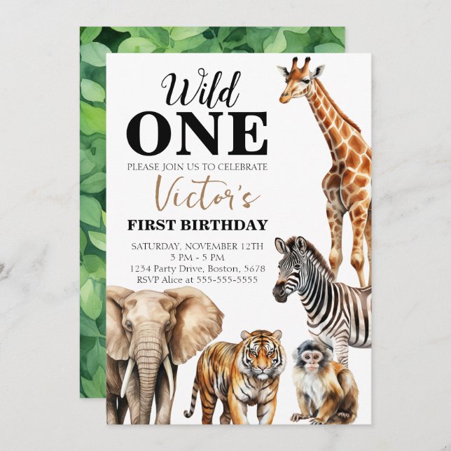 Invitación Salvaje Un Safari Primer Cumpleaños (Anverso / Reverso)