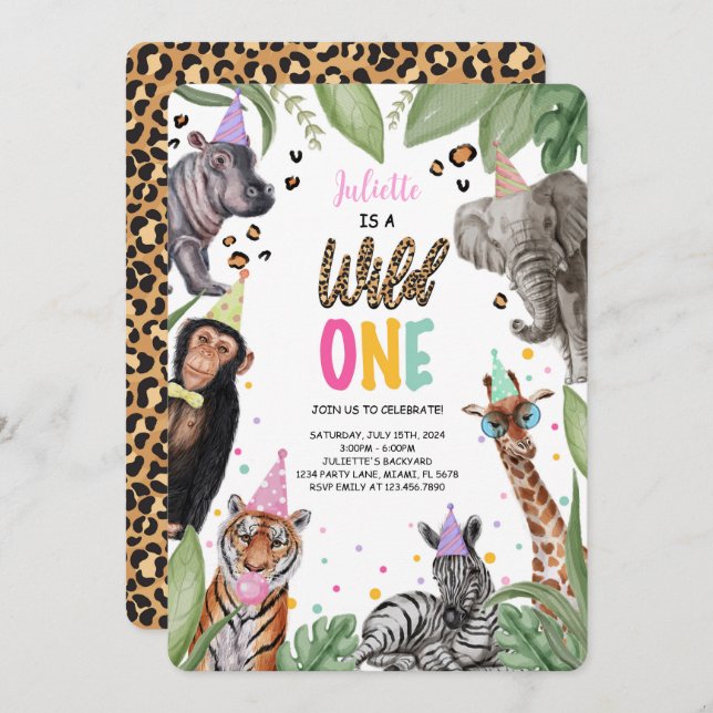 Invitación Salvaje Un Safari Primer Cumpleaños (Anverso / Reverso)