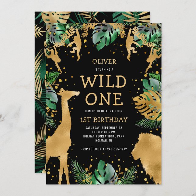 Invitación Salvaje Un Safari Primer cumpleaños Oro Verde Negr (Anverso / Reverso)
