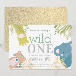 Invitación Salvaje Un Zoológico Animales Elefante Oro Primer 