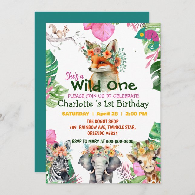 Invitación Salvaje Una jungla de Safari Fox Primer cumpleaños (Anverso / Reverso)
