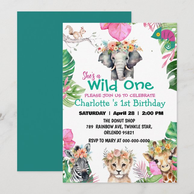Invitación Salvaje Una jungla de Safari Rosa Primer cumpleaño (Anverso / Reverso)