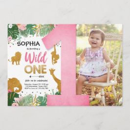 Invitación Salvaje Una Safari Chica de Oro Animales Rosados C