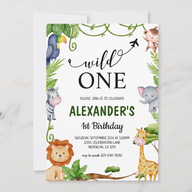 Invitación Salvaje Una Selva Safari Animales Acuarela Cumplea (Anverso)