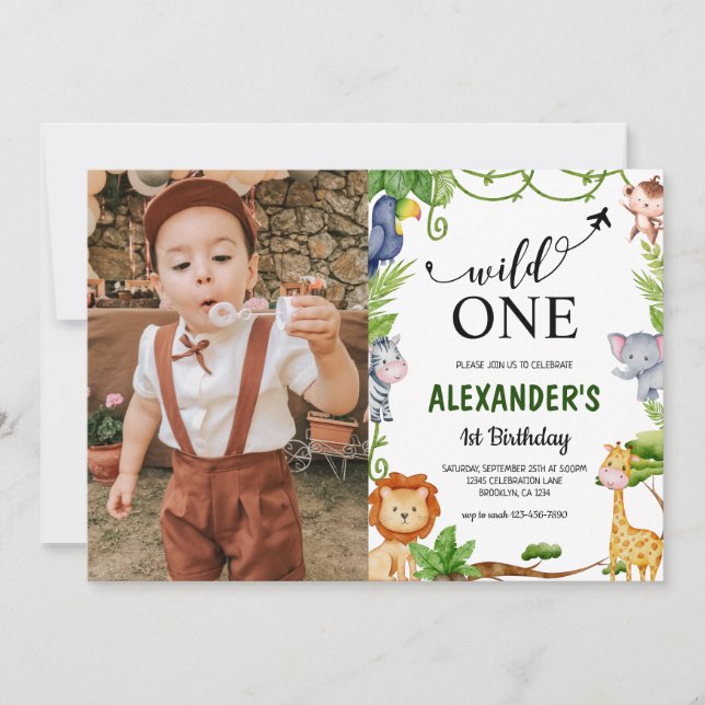 Invitación Salvaje Una Selva Safari Foto Acuarela Cumpleaños (Anverso)