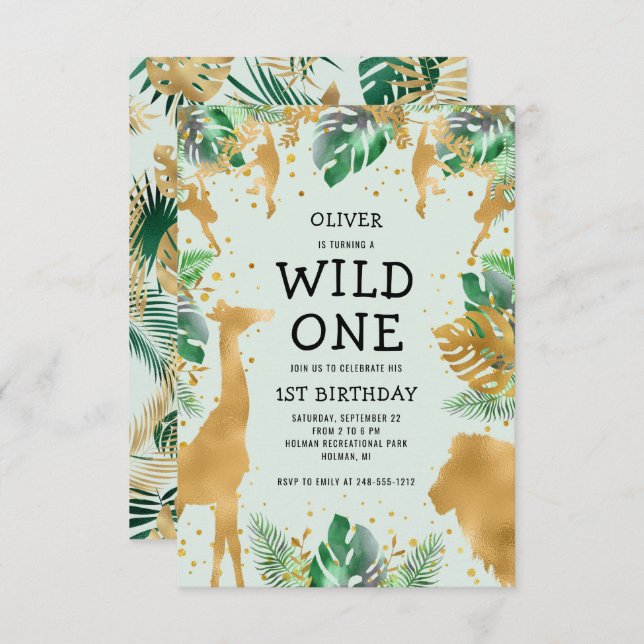 Invitación Salvaje Una Selva Safari Oro Verde Primer cumpleañ (Anverso / Reverso)